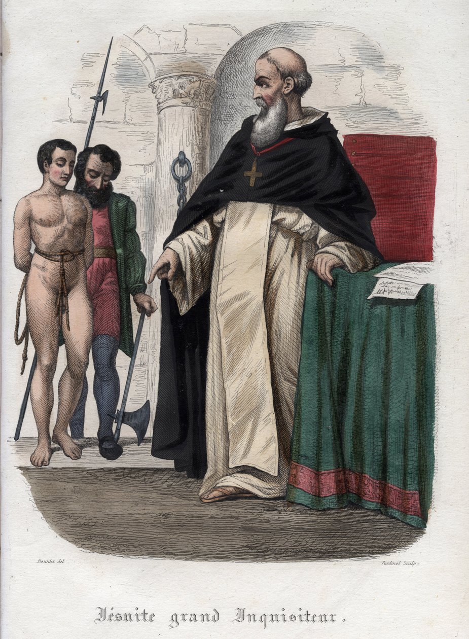Prisioneiro herege e Grande Inquisidor jesuíta no tempo do reinado do Papa Clemente VIII (1592-1605). Gravura de 1842 em "Histoire des popes" de Maurice Lachatre. Coleção privada. de Unknown artist