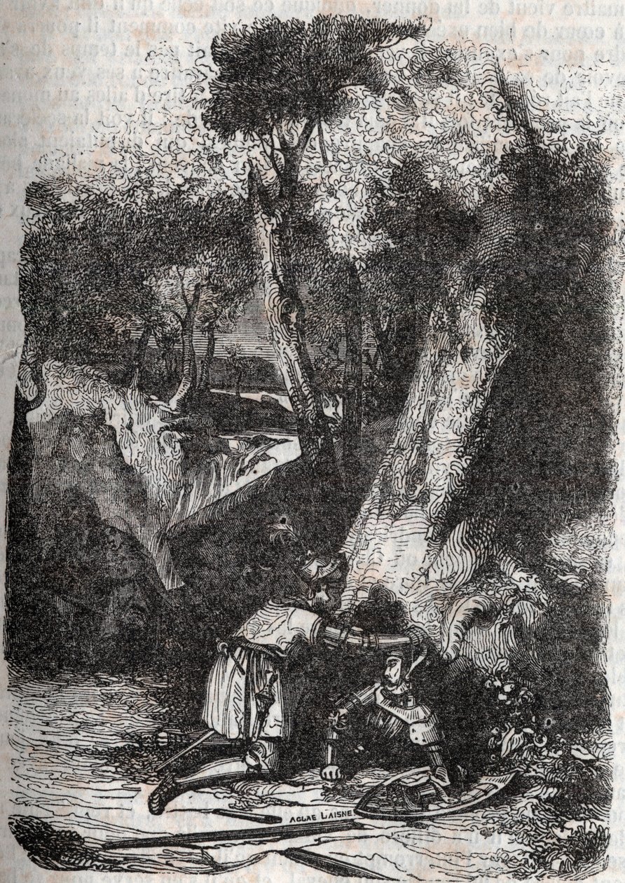 Hermonides derrubada e resgatada por Zerbin - Gravura de 1851 de "Furious Roland" (Orlando furioso) (século XVI) de Ludovico Ariosto, conhecido como Ariosta - Edição traduzida do italiano pelo Conde de Tressan e publicada por Gustave Harvard 1851 de Unknown artist