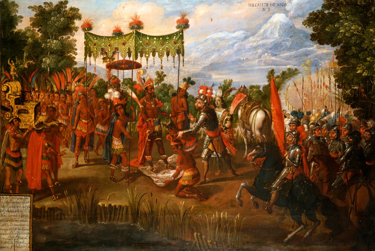 Hernan Cortes conhece o Imperador Moctezuma de Unknown artist