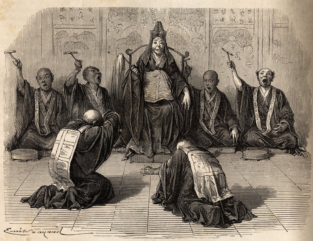 Sumo sacerdote budista sendo adorado, rodeado por seus discípulos ritmando o ritual com gongo e címbalos. Gravura para ilustrar a viagem ao Japão em 1863-1864, de Aime Humbert, ministro da Confederação Suíça, em "Le tour du monde, nouveau journal de Unknown artist