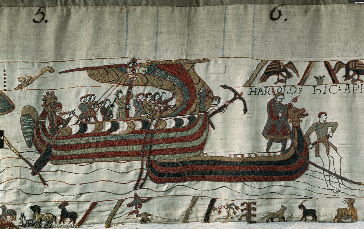 Sequestrado pela tempestade, o navio Harold II (1022 - 1066) (um drakkar) encalhado na costa de Ponthieu - Bayeux Tapestry, conhecido como Bordado da Rainha Mathilde de Unknown artist