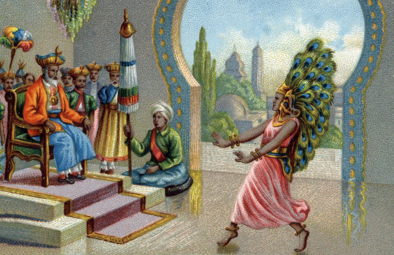 Dançarino hindu adornado com penas de pavão: os habitantes adornam-se com penas de pavão ou fazem maldades. Cromolitografia do século XIX de Unknown artist
