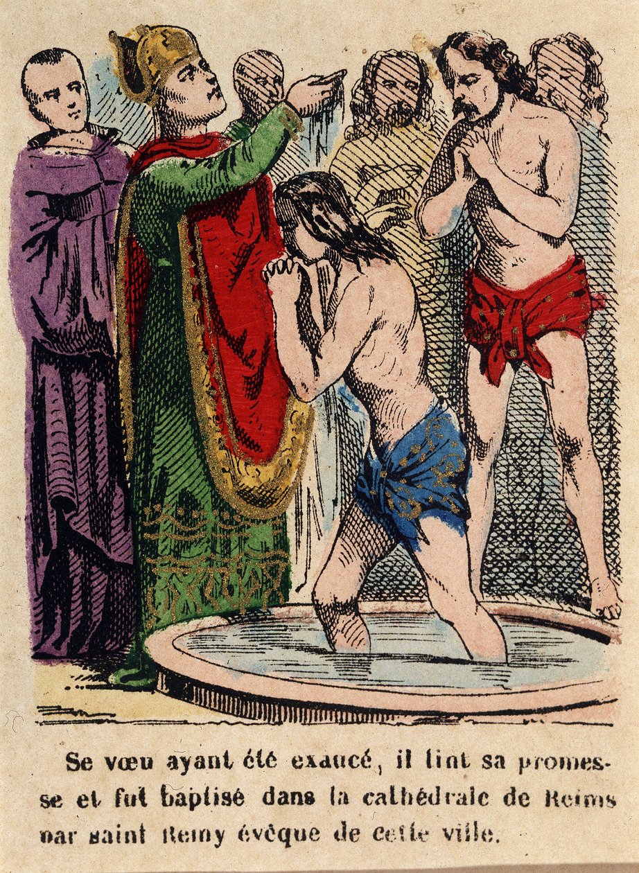 Seu voto tinha sido cumprido, Clovis foi batizado na catedral de Reims por São Rémi, bispo da cidade. de Unknown artist