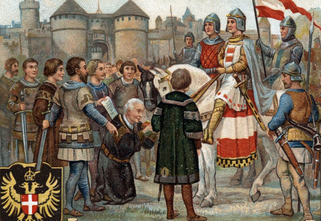 Episódios históricos de cidades famosas: Rodolfo de Habsburgo (Rodolfo I do Sacro Império 1218-1291) tomou posse de Viena (1276). Rodolfo I foi rei dos romanos e, ao tomar posse da cidade de Viena, fundou o poder dos Habsburgos. Chromol de Unknown artist