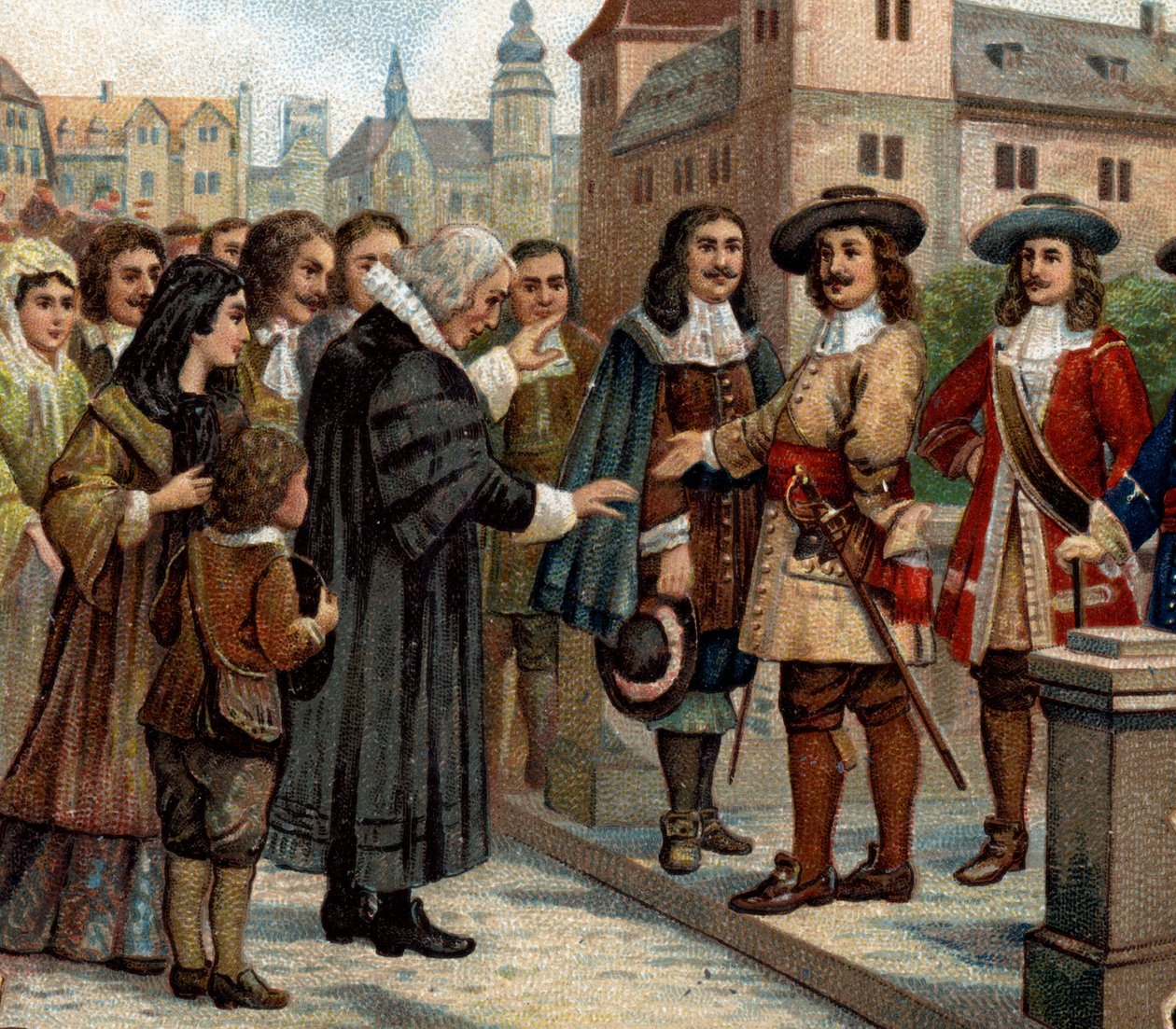 Episódios históricos de cidades famosas: O Grande Eleitor, Frederic William I de Brandenburgo (1620-1688), recebeu emigrantes franceses em Berlim (1685). Ele recebeu os protestantes franceses que, após a revogação da Editora Nantes, abandonaram a França. E de Unknown artist