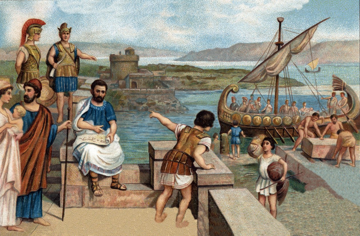 Episódios históricos de cidades famosas: Os Megareanos (povo de Megar, cidade grega de Ática) fundaram Bizâncio (667 a.C.) na margem ocidental do Bósforo Cimério, onde se encontrava a fortaleza trácia de Bizas. Cromolitografia do século XIX. de Unknown artist