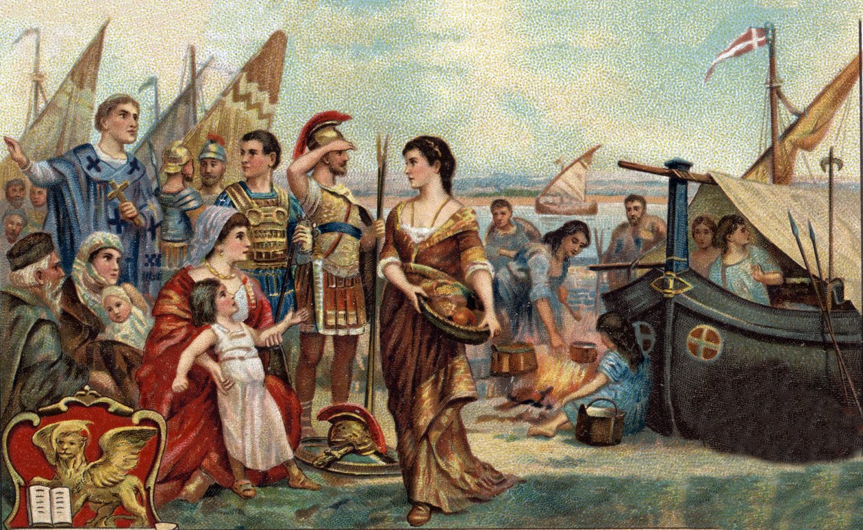 Episódios históricos de cidades famosas: Venetes caçados pelos hunos ocupam as lagoas (em 452). É a fundação de Veneza - Invasões Bárbaras - Cromolitografia do século XIX. de Unknown artist