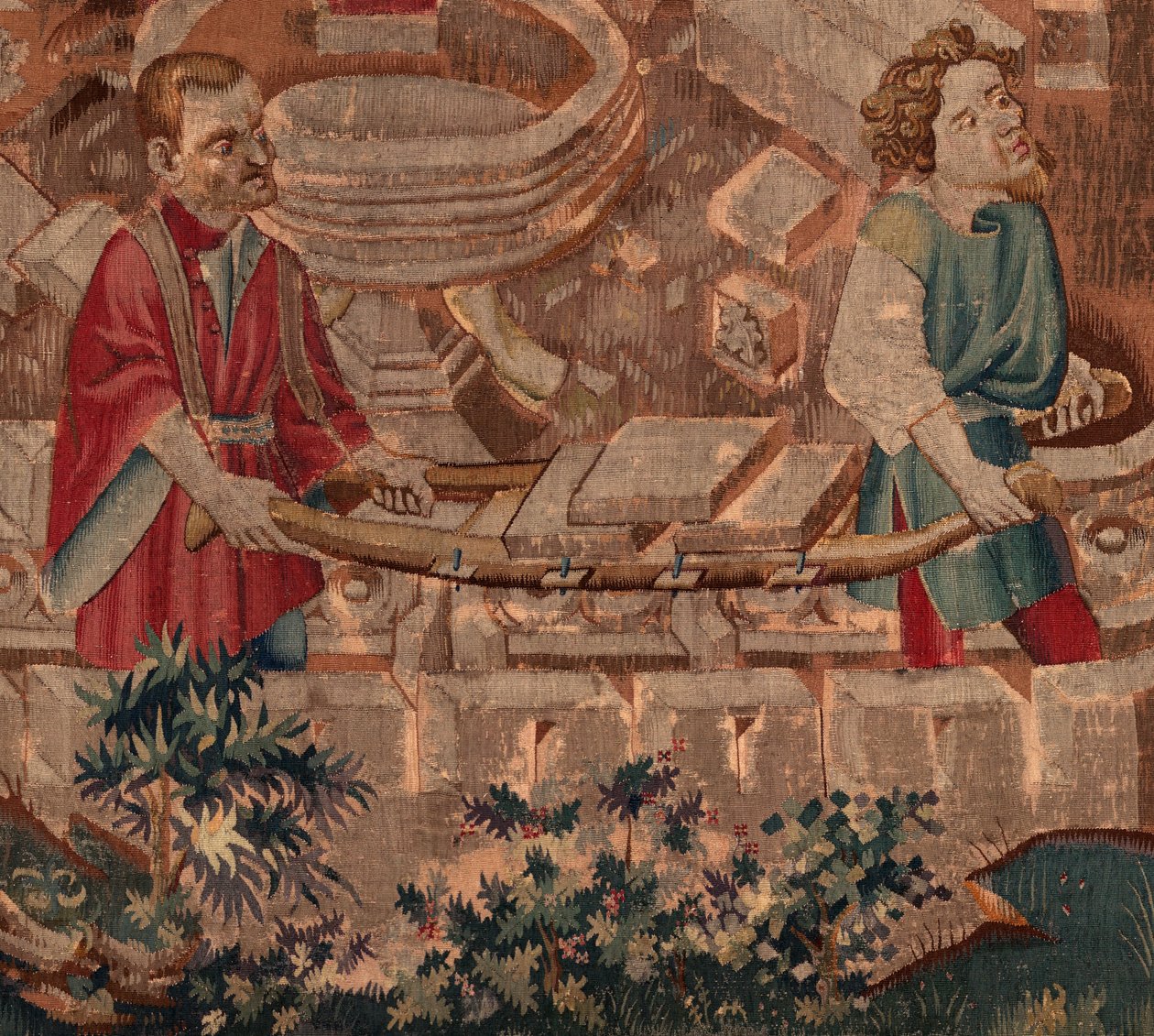 História de Saint Piat e Saint Eleuthère, Detalhe da Cena 5. Parte inferior. Tijolos que transportam pedras. de Unknown artist