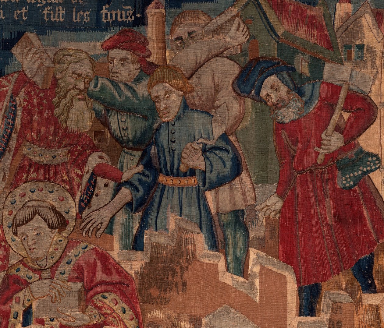 História de Saint Piat e Saint Eleuthère, Detalhe da Cena 5. Parte superior direita. Tijolos. de Unknown artist