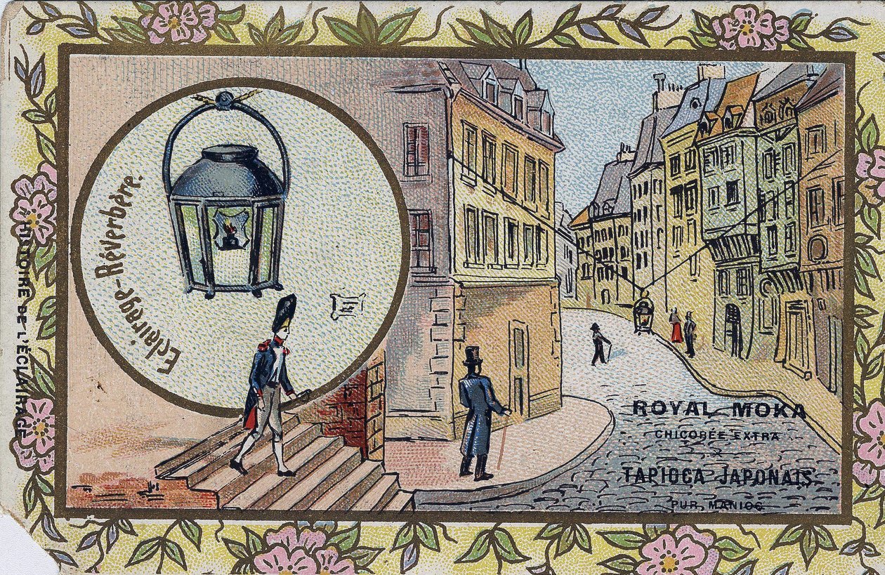 História da iluminação: Iluminação de candeeiros de rua. Cromolitografia que envolve a chicória Royal Moka. de Unknown artist