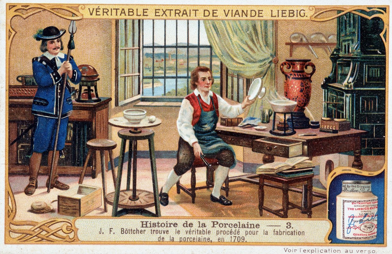 História da porcelana: Johann Friedrich Bottger (Bottcher ou Bottiger) (1682-1719) encontra o verdadeiro método para fazer porcelana em 1709 - Liebig chromolithography de Unknown artist