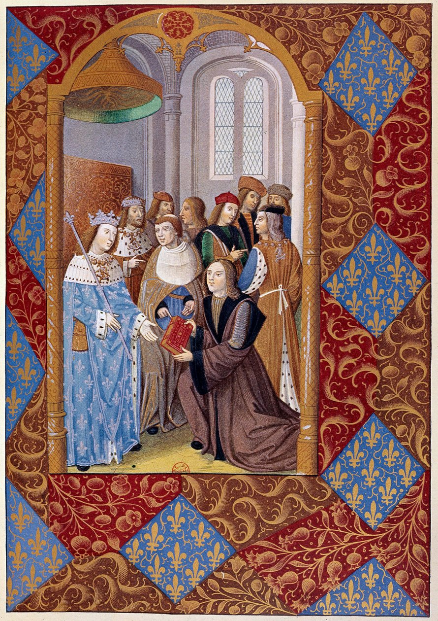 História da impressão: o editor Antoine Verard (? -1513) apresenta o seu livro ao Rei Carlos VIII. A partir de um manuscrito de 1494 de Unknown artist