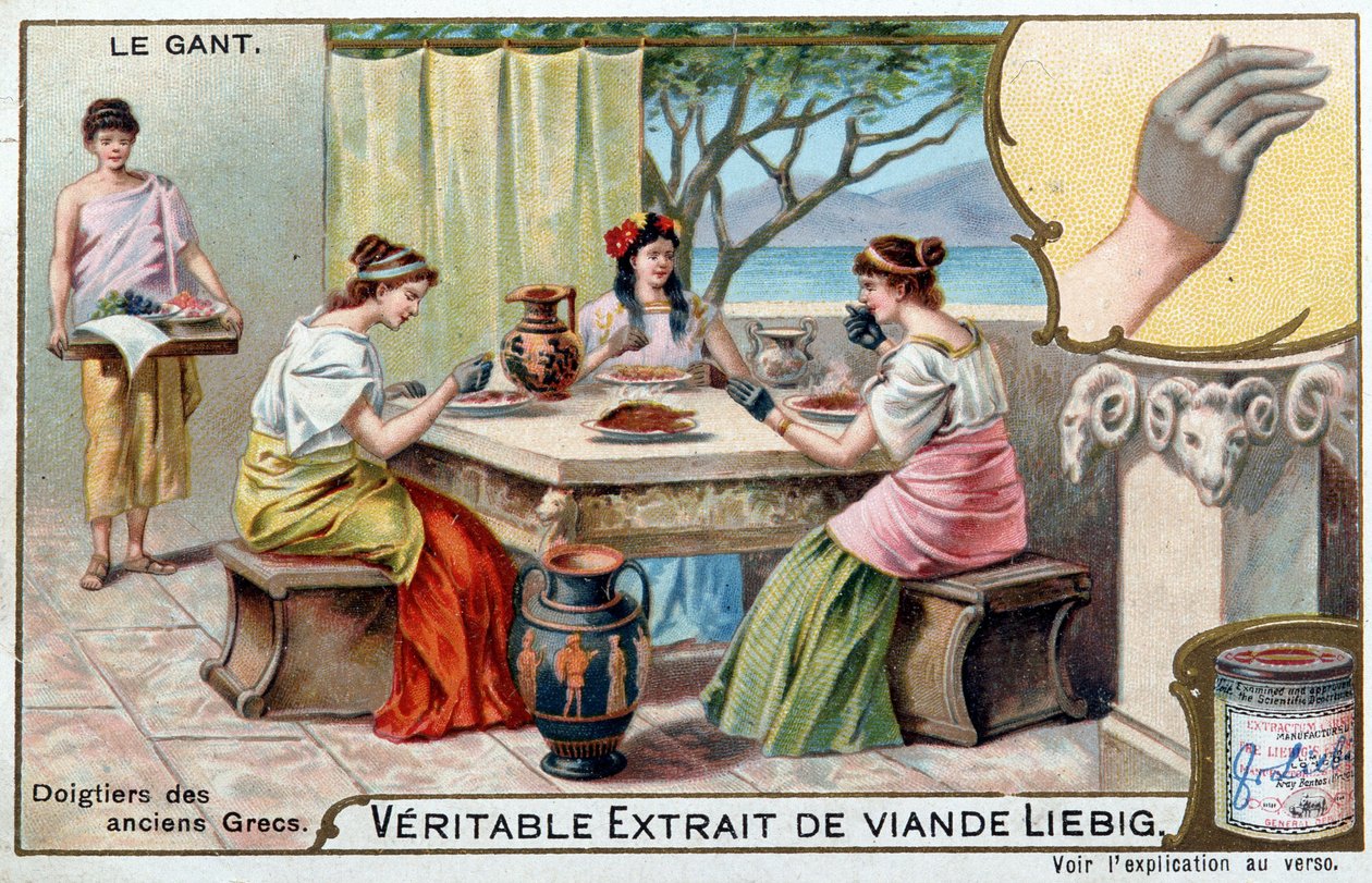História da luva: os dedos dos antigos gregos - Liebig chromolithography de Unknown artist