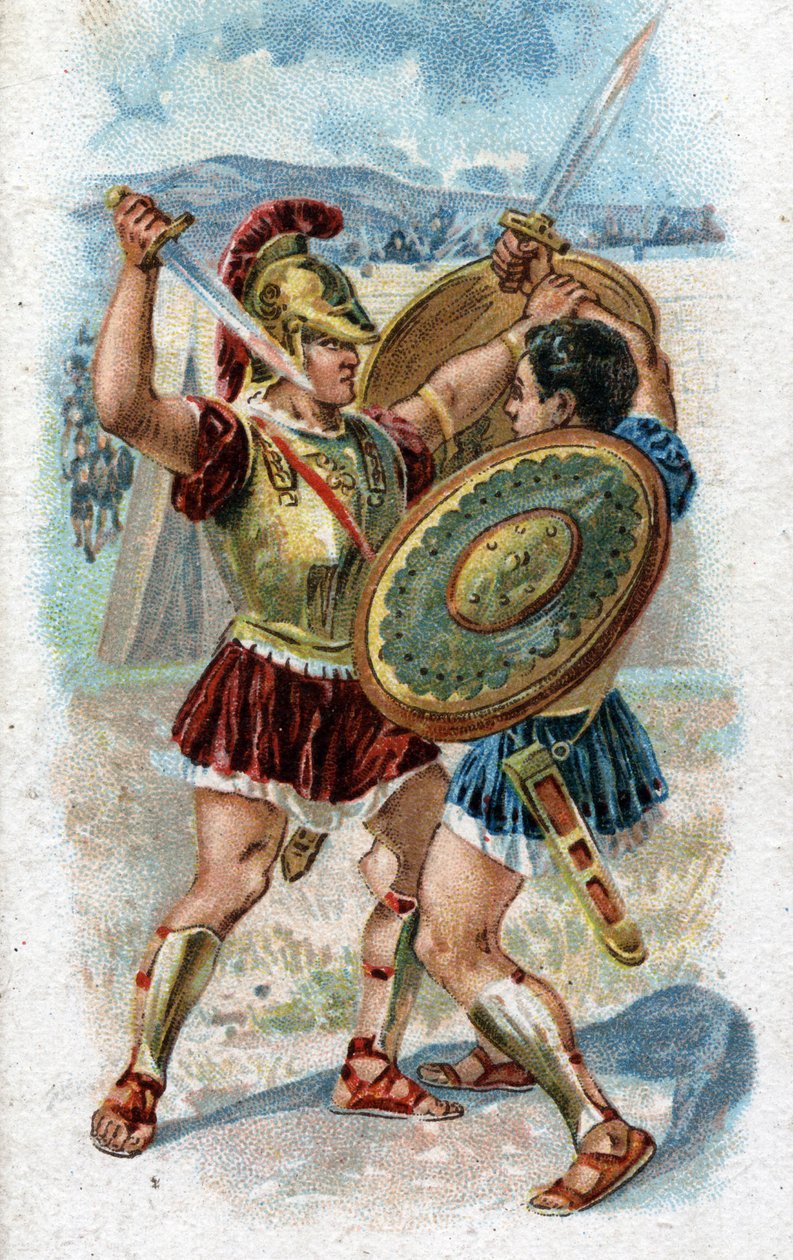História da vida de Aquiles, heróis lendários da Guerra de Tróia: Aquiles lutando contra Héctor para vingar a morte de Patrulhas. Cromolitografia de 1890. de Unknown artist
