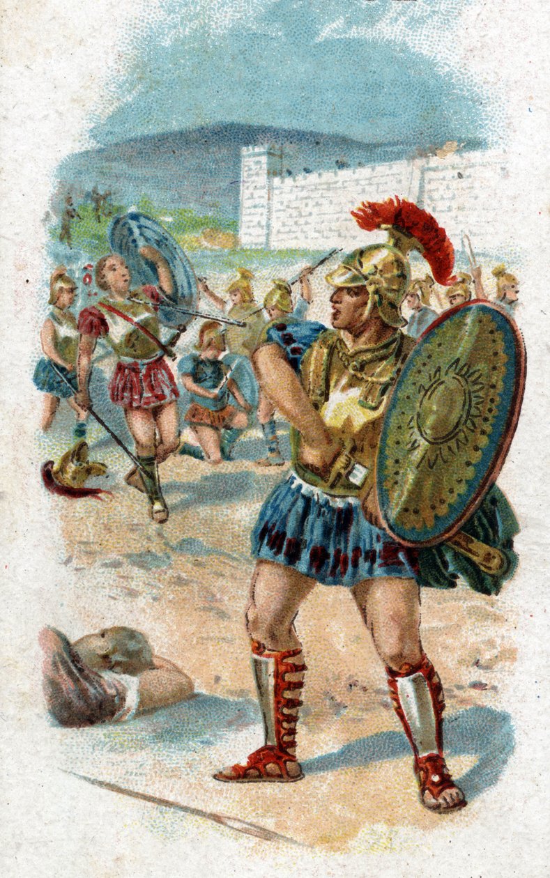 História da vida de Aquiles, heróis lendários da Guerra de Tróia: Patroclus obtém permissão de Aquiles para salvar os gregos carregando suas armas. Ele será morto por Hector, que leva as armas de Aquiles como saque. Cromolitografia de 1890. de Unknown artist