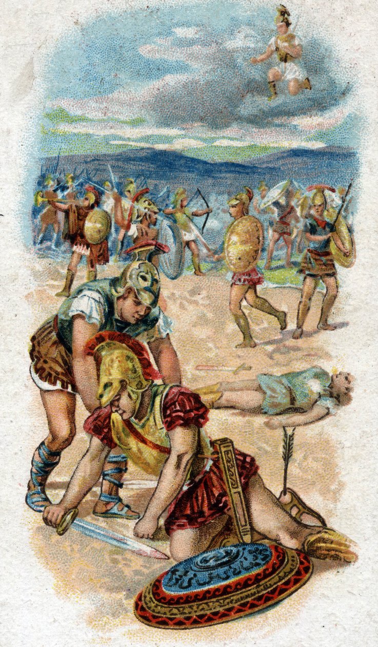 História da vida de Aquiles, heróis lendários da Guerra de Tróia: a morte de Aquiles, aos pés das muralhas de Tróia, o calcanhar, seu ponto fraco, perfura uma flecha puxada por Paris. Cromolitografia de 1890. de Unknown artist