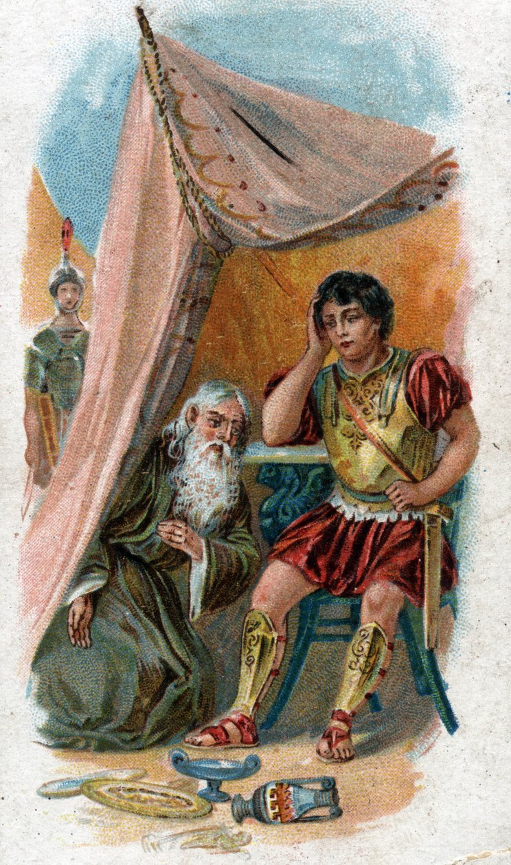 História da vida de Aquiles, heróis lendários da Guerra de Tróia: o velho sábio Nestor convence os Patrulheiros, amigo de Aquiles, a substituí-lo para lutar contra a cidade de Tróia. Cromolitografia de 1890. de Unknown artist