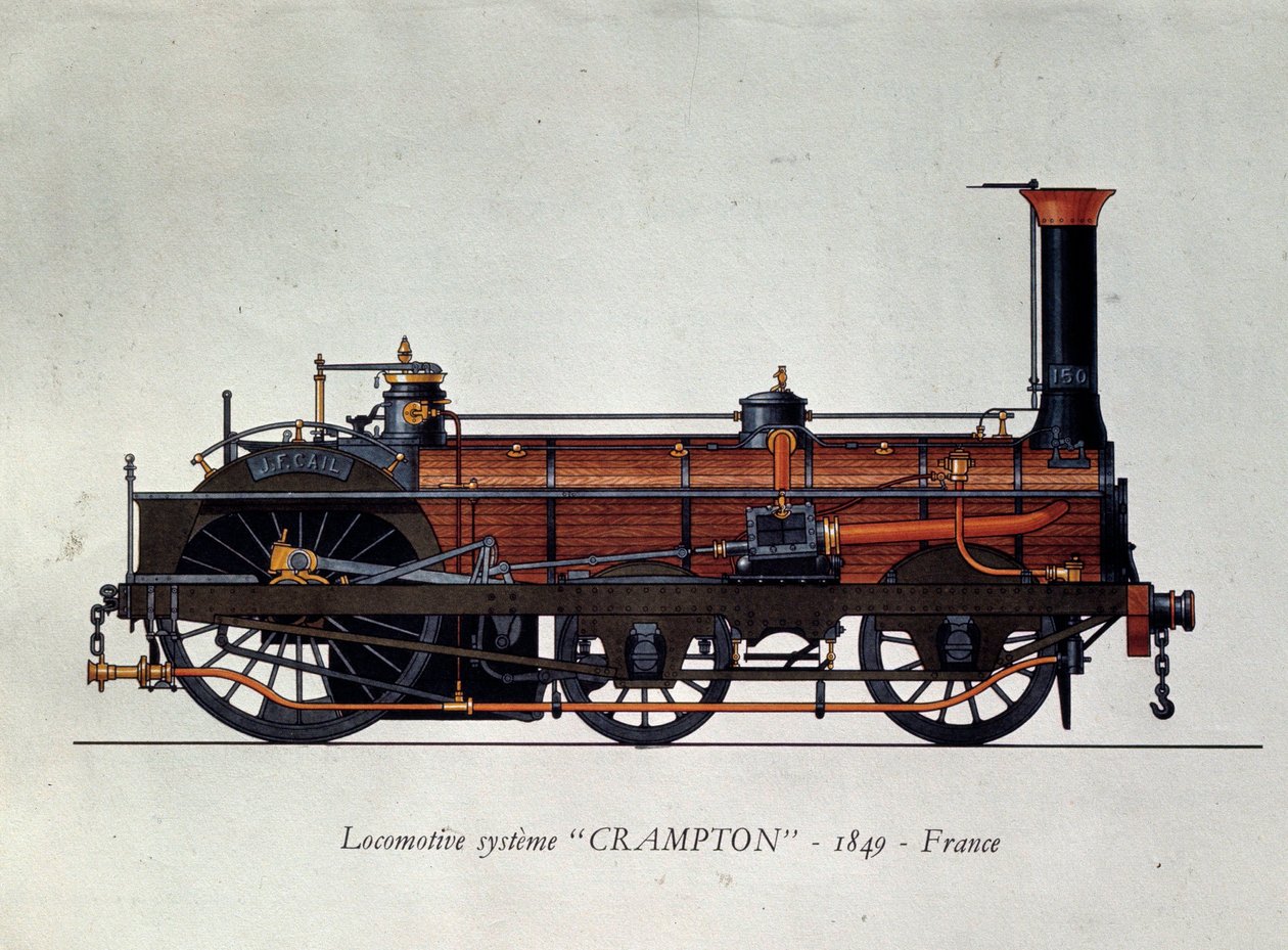 História do transporte: modelo de locomotiva, sistema Crampton com o nome de Thomas Russell Crampton (1816-1888), engenheiro britânico: ele criou uma locomotiva de alta velocidade. Gravura a partir de 1849 Paris, Artes Decorativas de Unknown artist