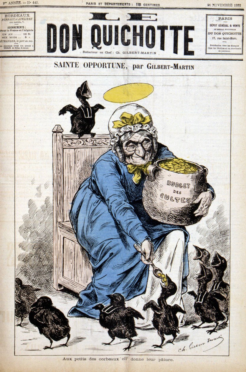 Santa Oportunidade e o orçamento dos cultos: aos pequenos corvos ela dá o seu pature - no "Le Don Quixote" de 24/11/1882 de Unknown artist