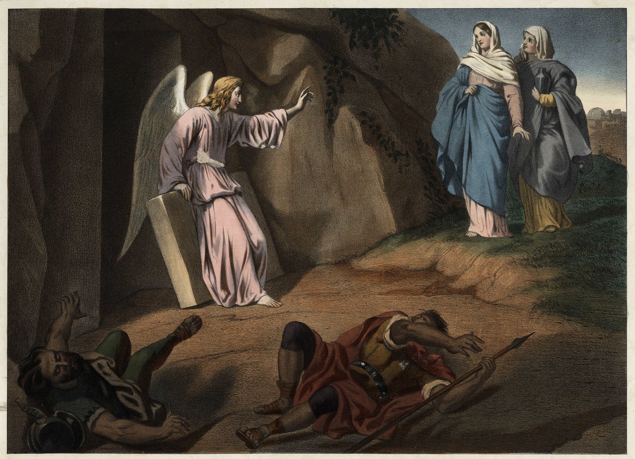 Mulheres santas visitando Cristo na tumba. Gravura anónima do século XIX. de Unknown artist