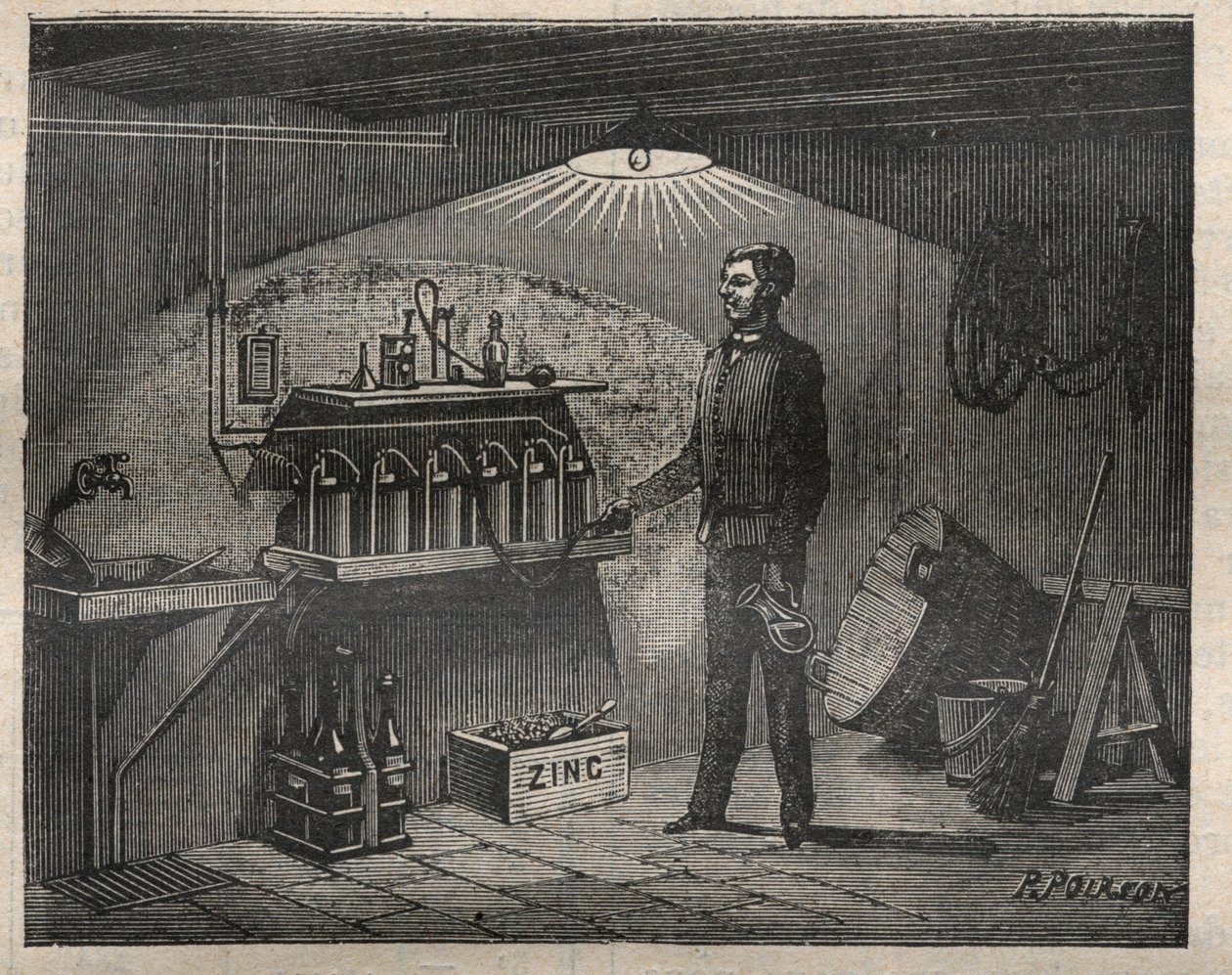 Home Electricite: Instalação da bateria inventada pela Radiguet numa cave - Gravação em "La Science francaise de Unknown artist