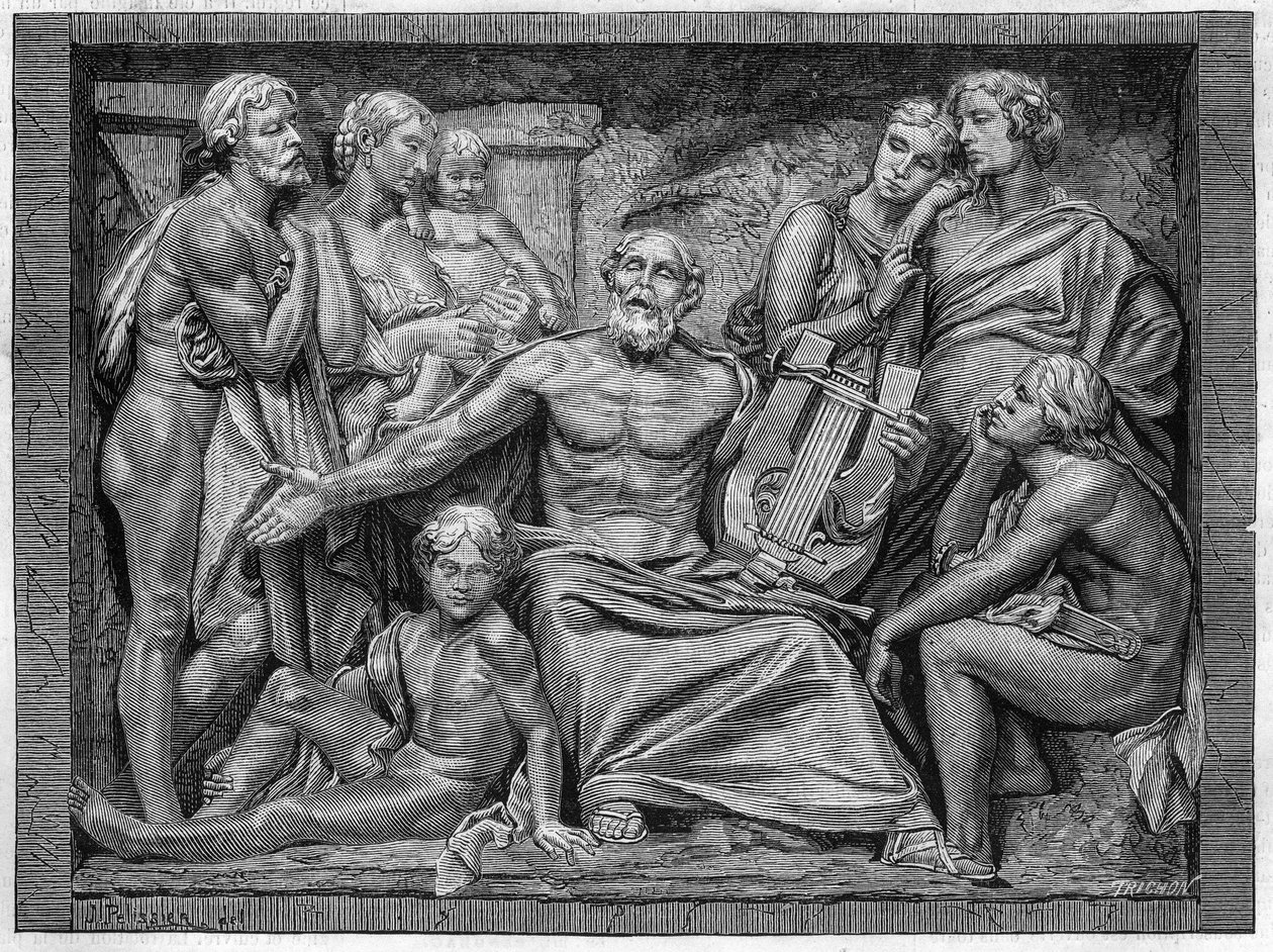 Homere a cantar com a sua lira numa cidade em Ionia. Gravura após o baixo relevo do Sr. Hugues, grande prémio de escultura do concurso escolar de 1875. de Unknown artist