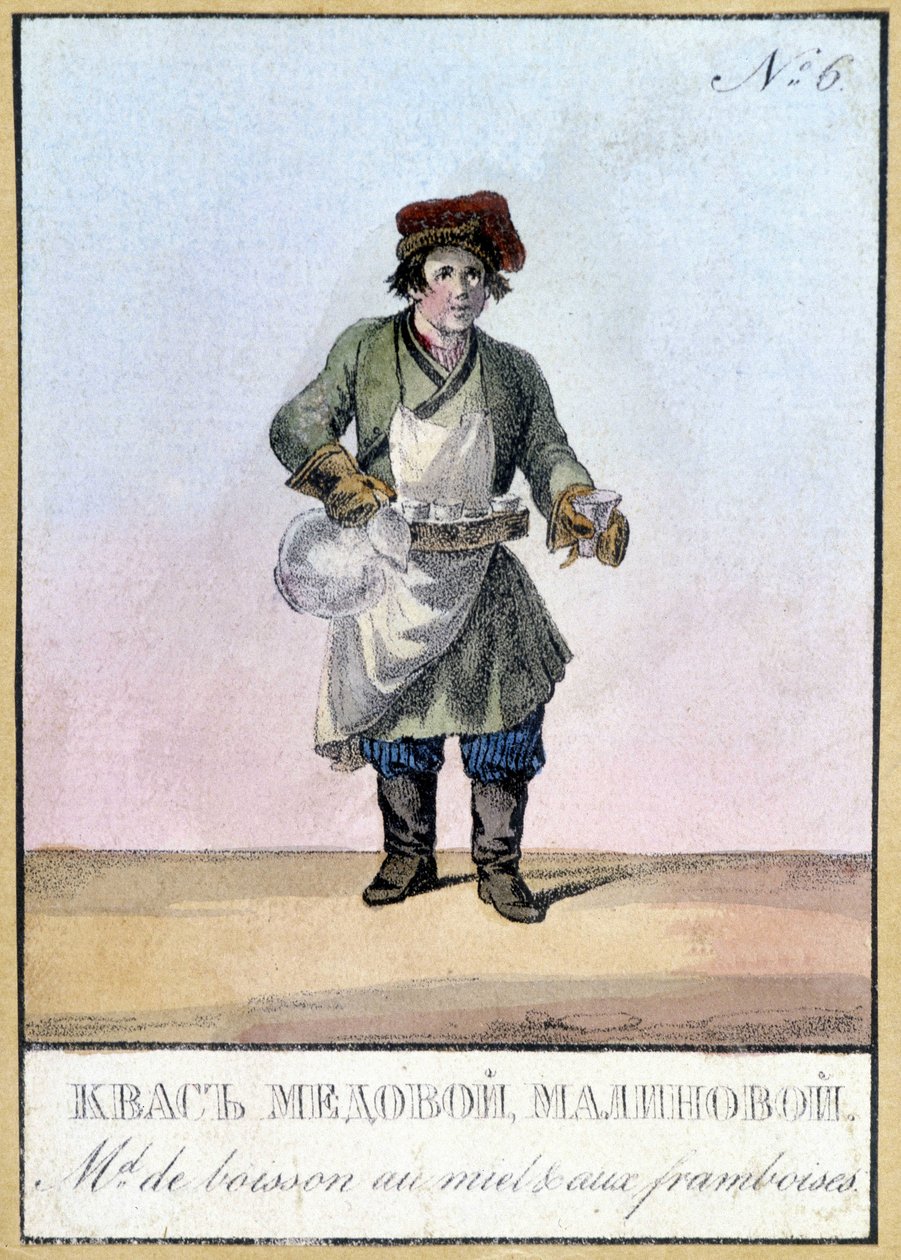 Comerciante de bebidas de mel e framboesa na Rússia, no século XIX. Ilustração do século XIX. de Unknown artist
