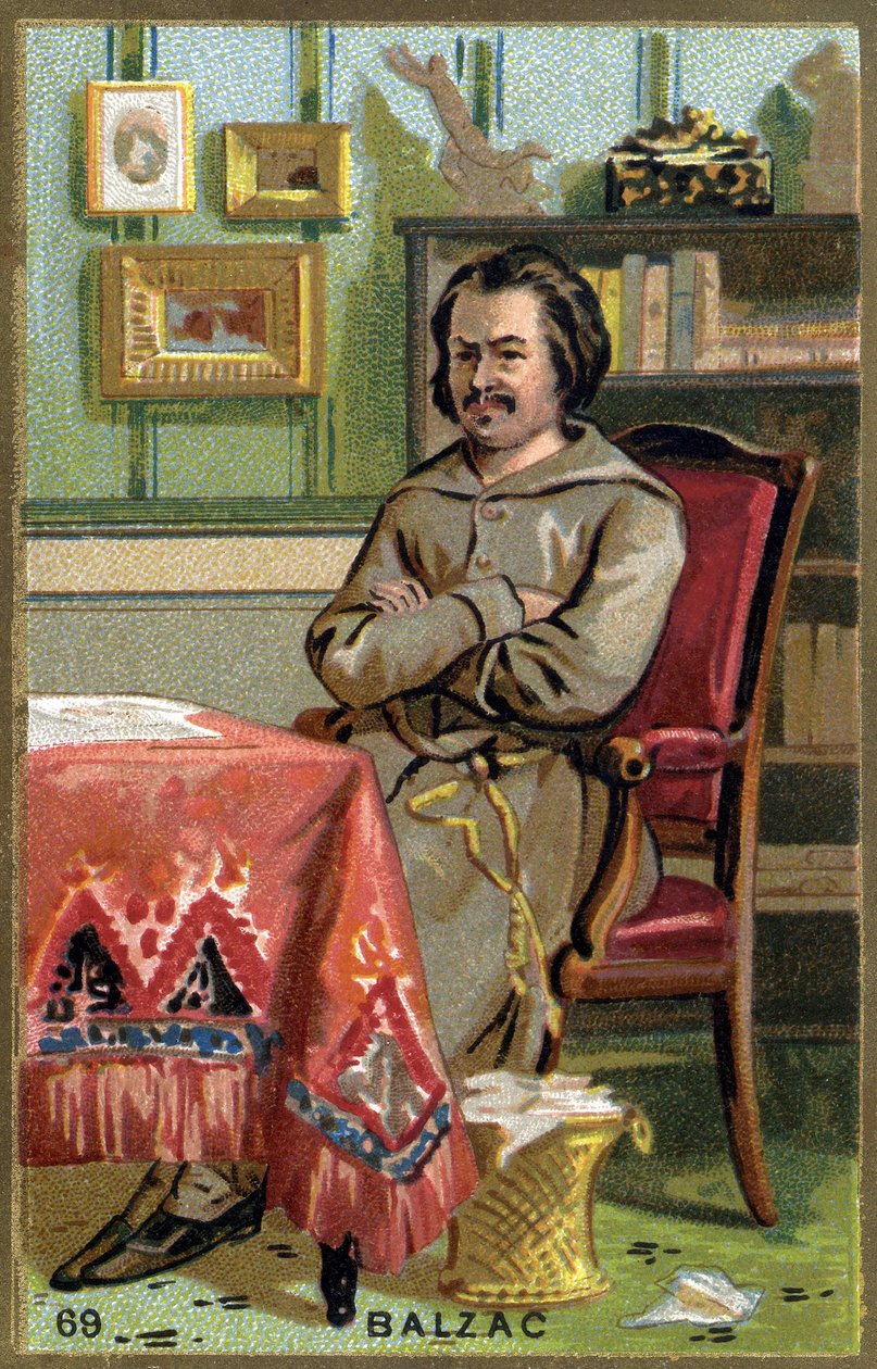 Honoré de Balzac (1799 - 1850) em seu escritório. Cromolitografia do século XIX. de Unknown artist