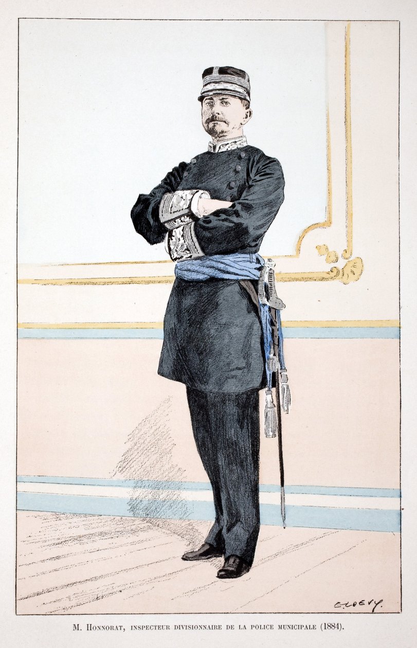 Honorat, Inspector de Divisão da Polícia Municipal (1884). Gravura colorida, para ilustração do livro "Histoire du corps des gardiens de la paix" publicado sob os auspícios de Louis Lepine (1846-1933) prefet de police de la Seine, de Alfred Rey de Unknown artist