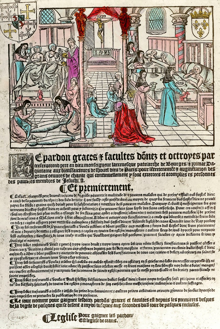 Hospital no século XVI: Carta de indulgência (Direita: uma cena hospitalar. Agauche: moribundo e morto). Gravura do século XVI. Coleção particular. de Unknown artist