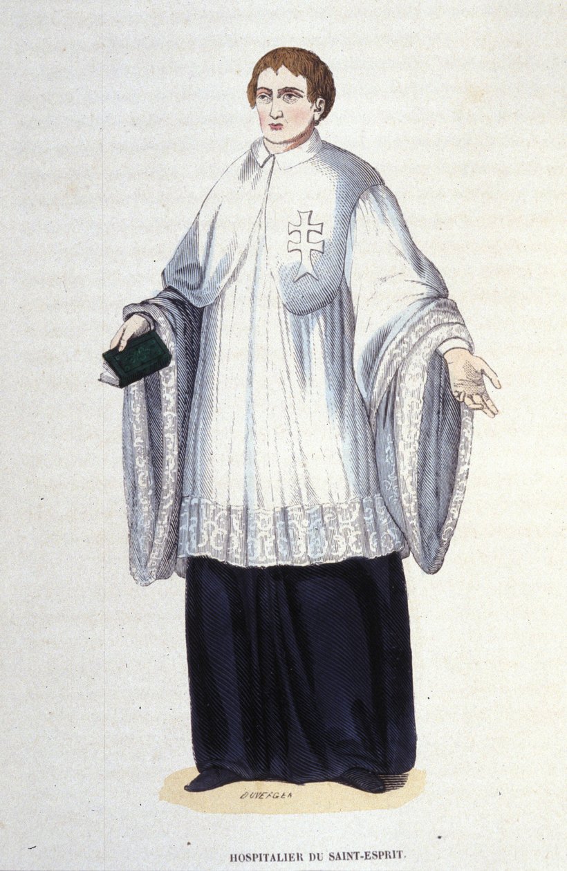 Hospitaleiro da Ordem Militar e Religiosa do Espírito Santo (Ordem do Espírito Santo) fundada por Henrique III em 1578, gravura do século XIX. Colégio Privado de Milão. de Unknown artist