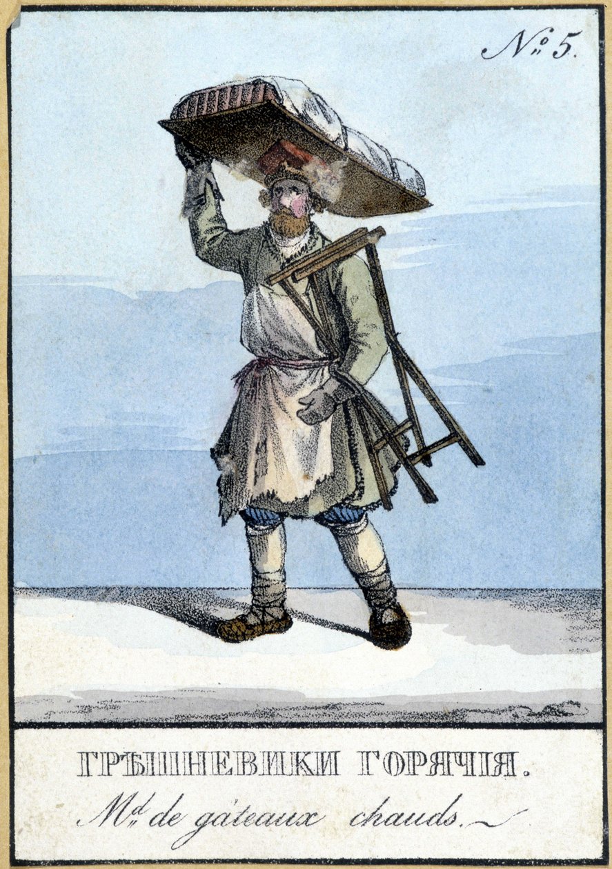 Comerciante de bolos quentes na Rússia no século XIX. Ilustração do século XIX. de Unknown artist