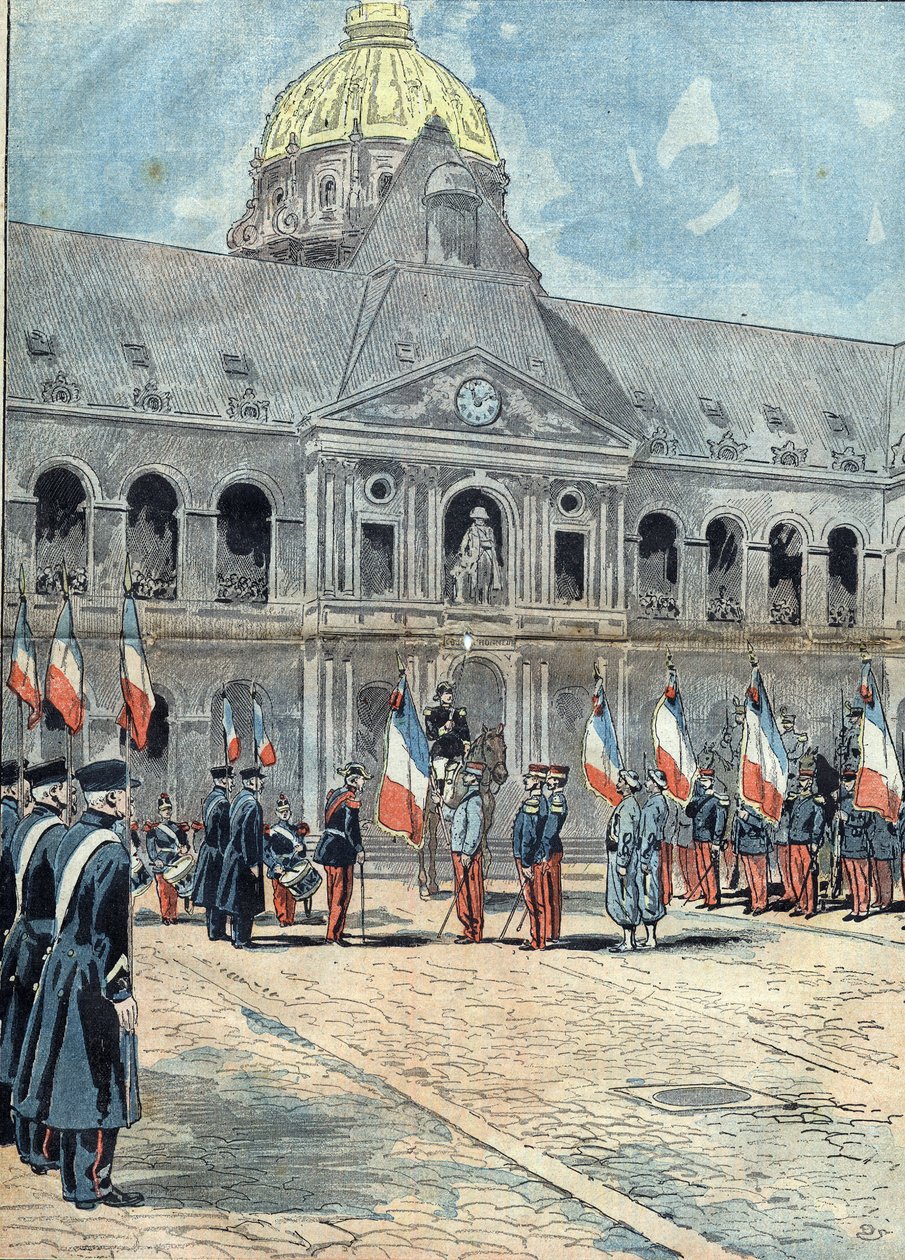Hotel des Invalides - Paris - 26 de Junho de 1898: uma delegação entregou ao General Arnoux, governador dos Inválidos, a bandeira do Regimento de Algerie aui flutuou a 30 de Setembro de 1895 no palácio da Rainha de Tananarive. Ilustração em "Le Pelerin de Unknown artist