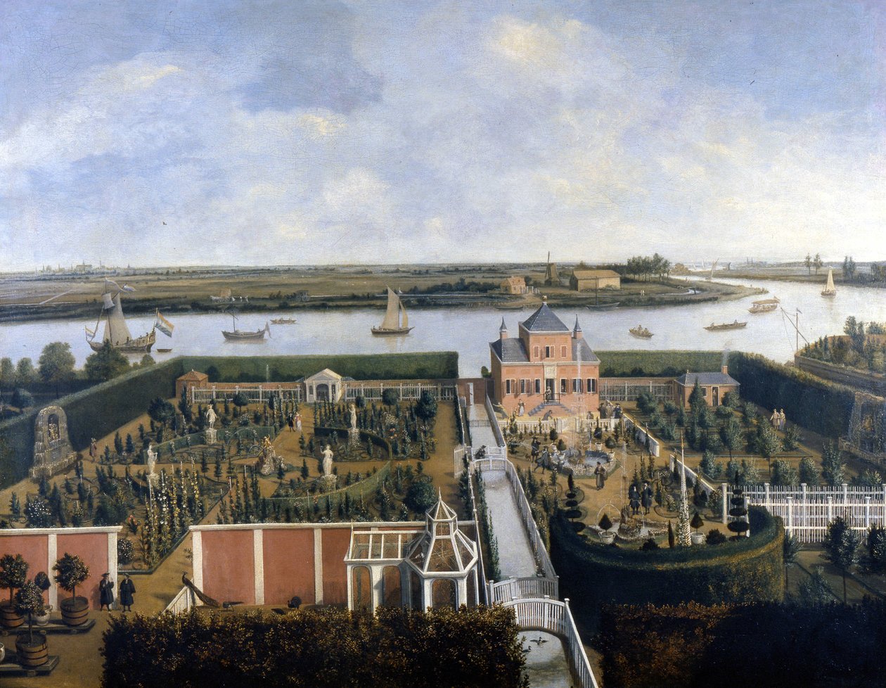 Casa na margem de um rio. Ilustração do século XVII. Museu Histórico de Amesterdão. de Unknown artist