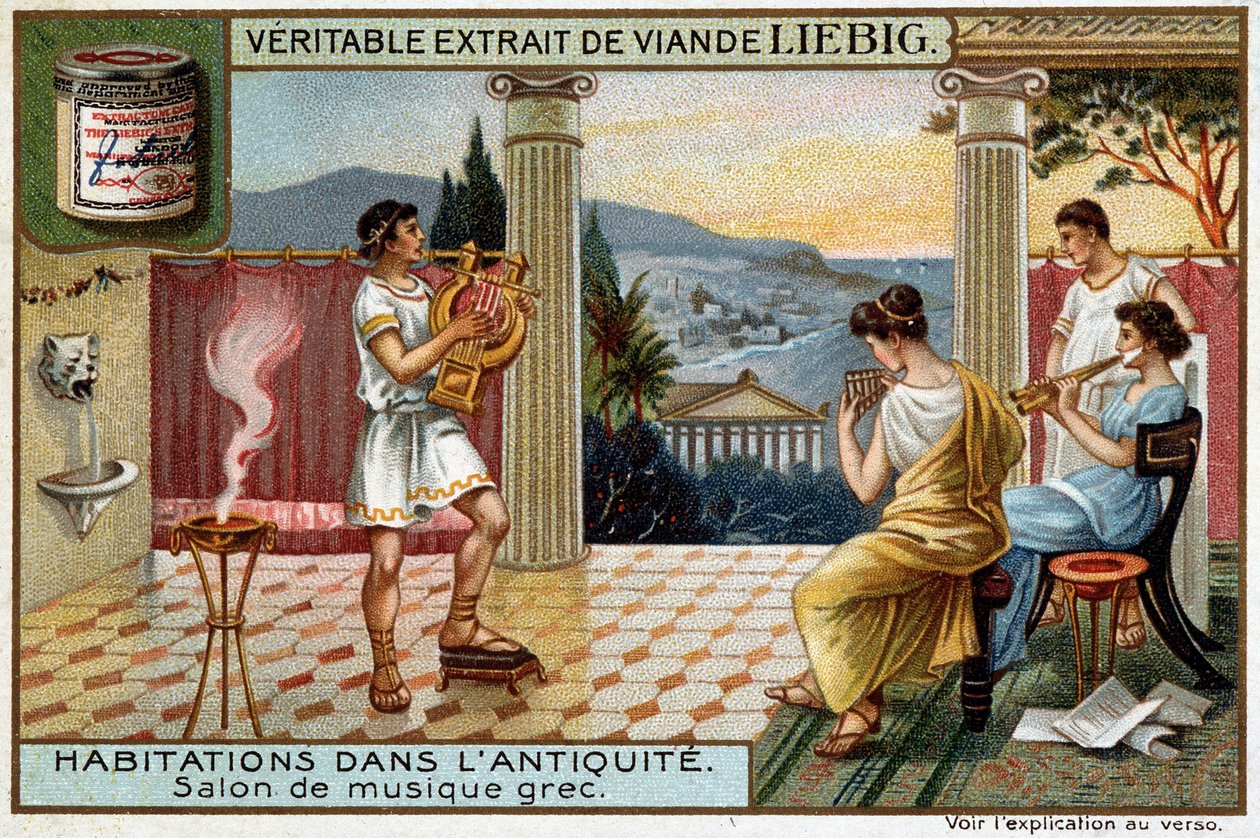 Casas na Antiguidade: Sala de Música Grega - Liebig Chromolithography de Unknown artist