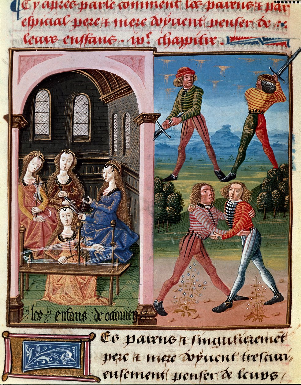 Como os pais devem pensar em seus filhos; os filhos de Octávio aprendendo o cavalheirismo e o trabalho de lã" Miniatura tirada de "Le livre de bonnes moreurs de Jacques Legrand". de Unknown artist