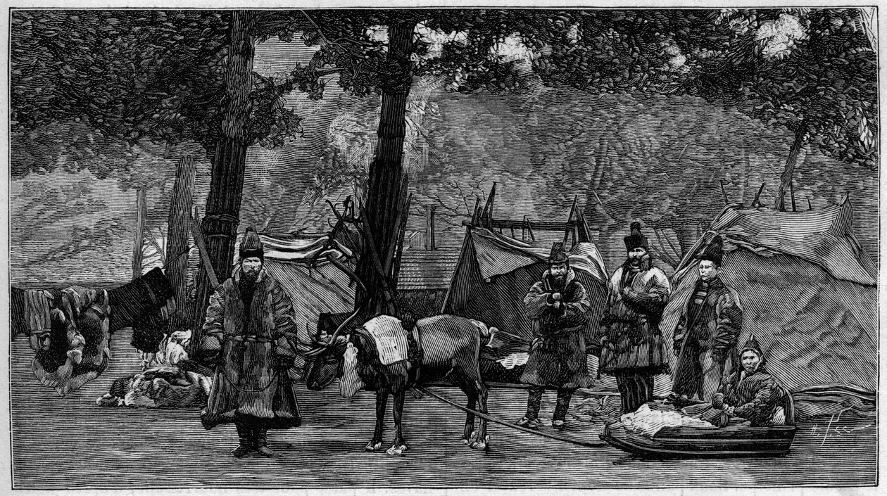 Jardim Zoológico Humano: Acampamento de Lappa no Jardim de Aclimatação de Paris. Gravura em "La Nature". Revue des sciences et de ses applications aux arts et a l