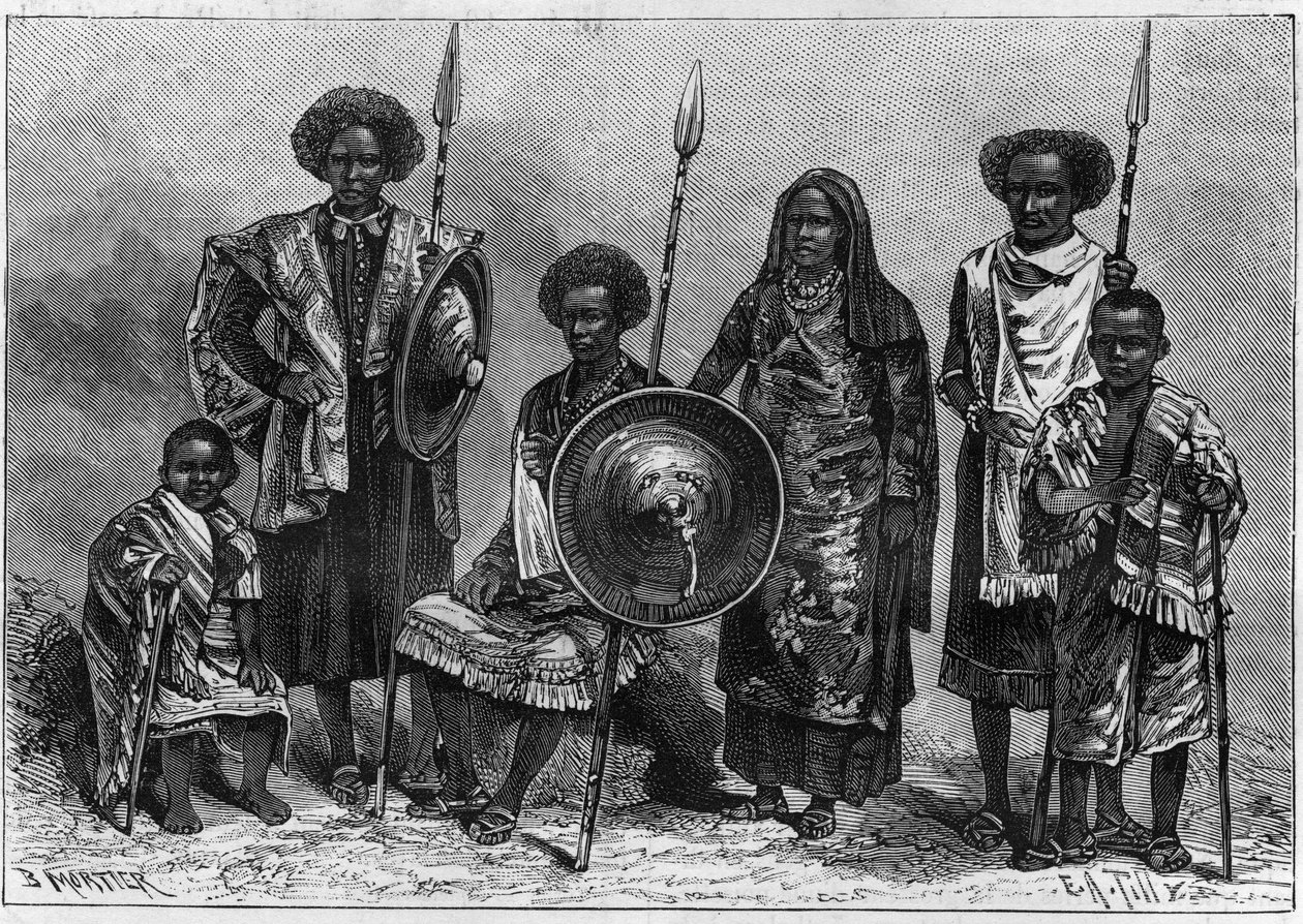 Zoo Humano: grupo de Assabais, uma tribo da Etiópia, então colônia italiana. Expõe em Turim, como parte da Exposição Nacional de 1884. Gravura na "Natureza. Revue des sciences et de ses applications aux arts et à l