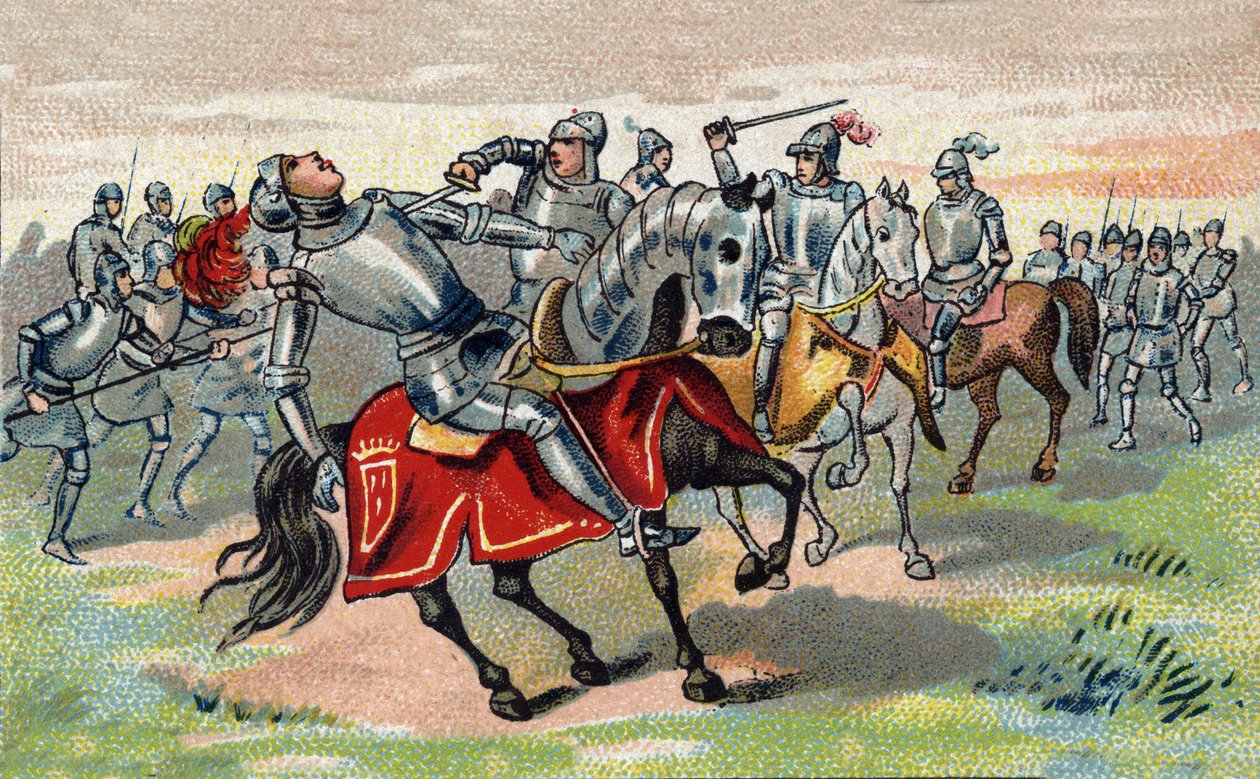 Guerra dos Cem Anos: Jean Talbot (1390-1453) (John Talbot) 1º Conde de Shrewsbury, 7º Barão Cavaleiro Talbot da Jarreteira em 1424 mata na Batalha de Castillon em 1453. cromolitografia de Unknown artist
