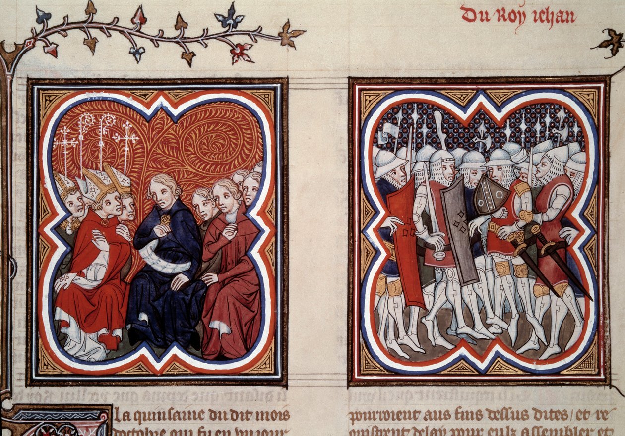 Guerra dos Cem Anos: "À esquerda o futuro golfinho Carlos V, o sábio (1338-1380) (regente nesta época) e os conselheiros dos Estados Gerais ordenaram a libertação de seu pai João II após a batalha de Poitiers em 1356, ele foi cercado por Etien de Unknown artist