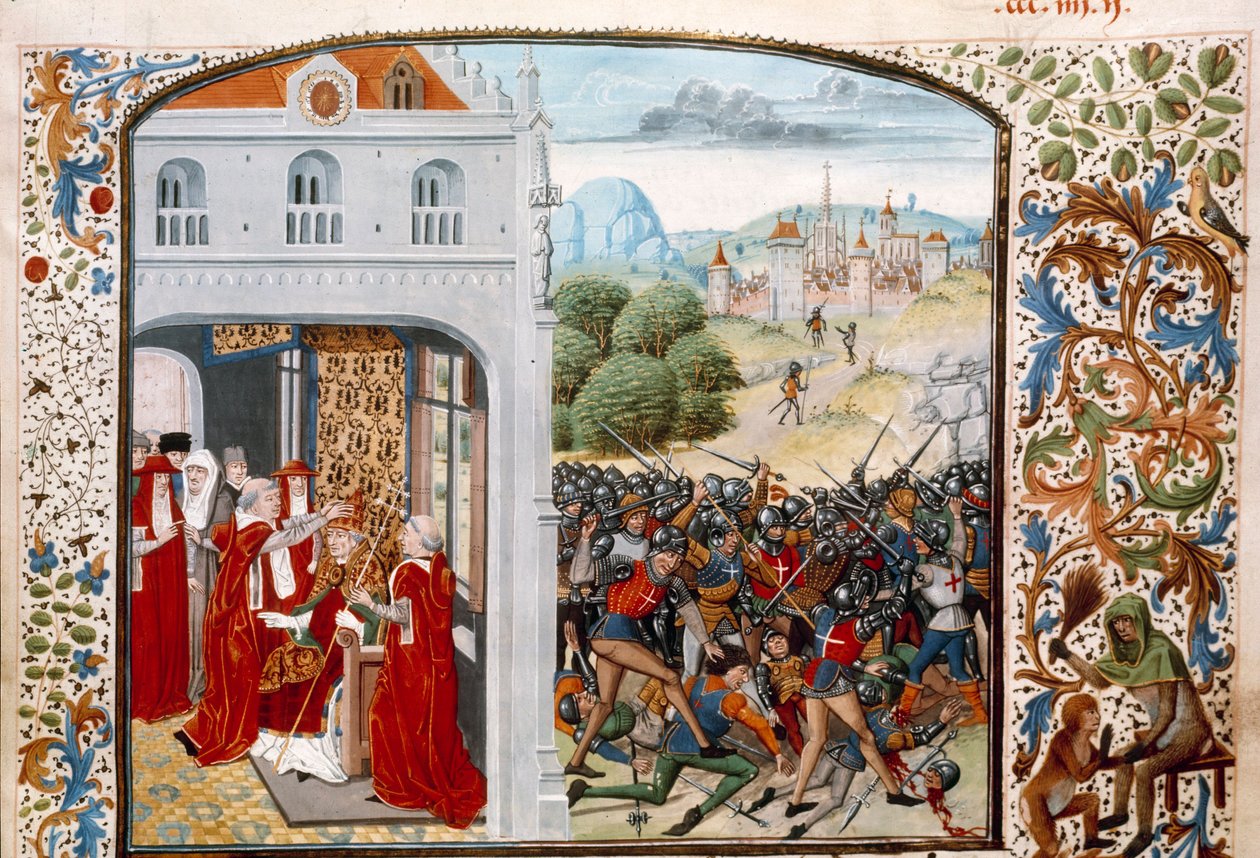 Guerra dos Cem Anos: "O Papa Gregoire XI (1329-1378) coroou Avignon em 1370. A Batalha de Pontvallain entre franceses e ingleses em 4/12/1370" Miniatura de "Chronicles" de Jean Froissart (1337-1400) Paris do século XV. B.N. de Unknown artist