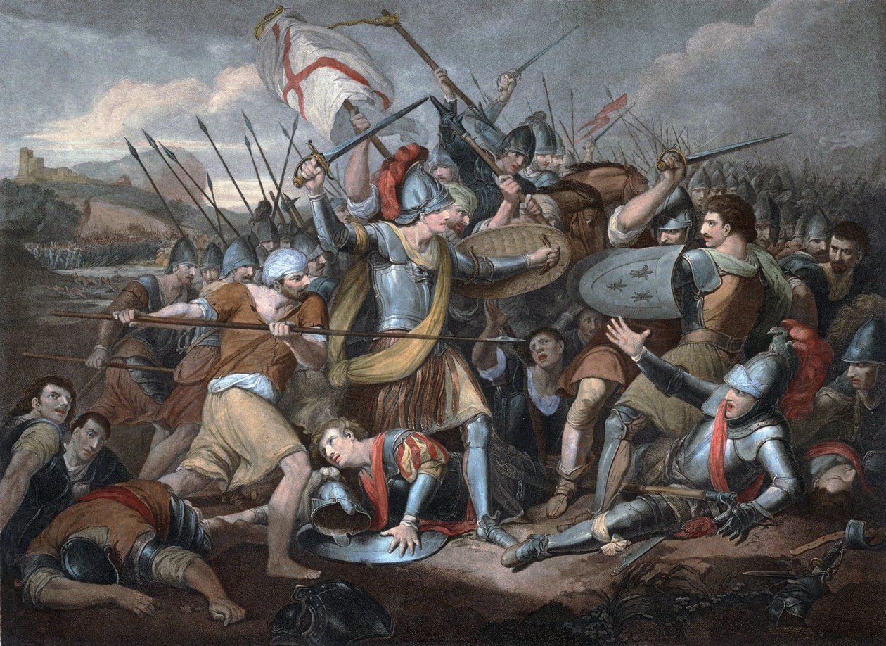 Guerra dos Cem Anos: "A Batalha de Azincourt em 25/10/1415" - Gravura de Unknown artist