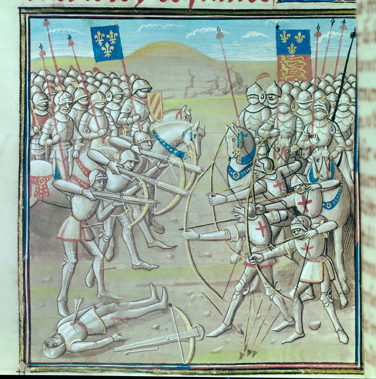 Guerra dos Cem Anos: a batalha de Crecy em 26/08/1346 entre os franceses e os ingleses. Miniatura de um manuscrito do século XIV de Paris, Bibliotheque de l