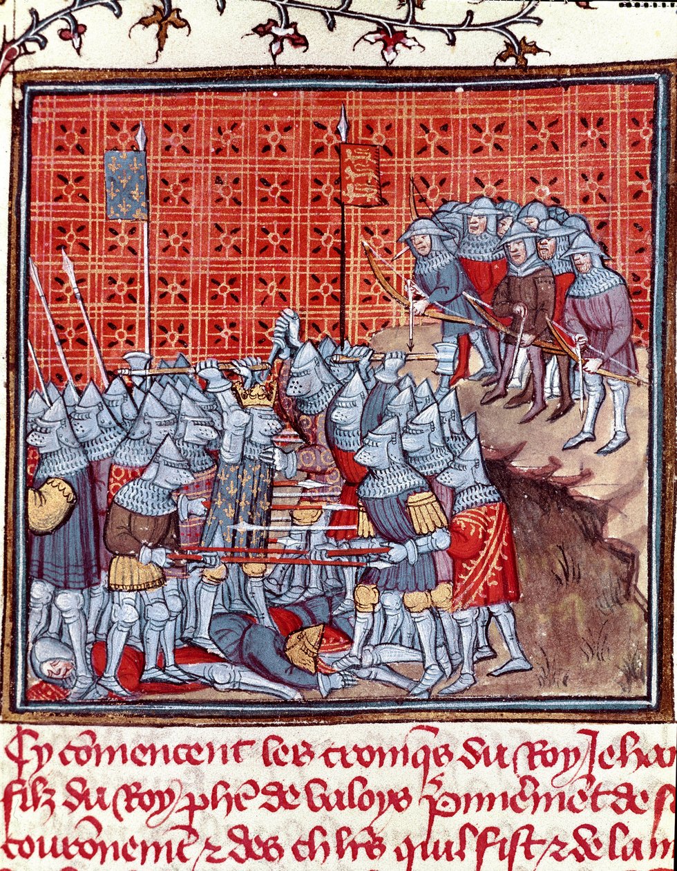 Guerra dos Cem Anos: "O Rei da França João II o Bom (1319-1364) durante uma batalha" Miniatura tirada de "Les grandes Chronicles de France" de Jean Froissart (1337-1400) Chantilly do século XIV, Musee Conde de Unknown artist