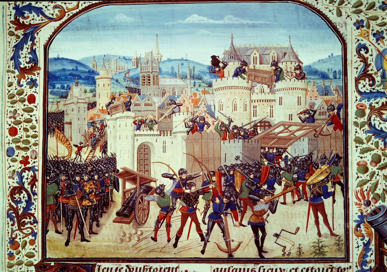 Guerra dos Cem Anos: o saco da cidade de Aubenton na Picardia pelo Conde Jean de Hainaut em 1340. Miniatura de "Chronicles" de Jean Froissart (1337-1400) Paris. B.N. de Unknown artist