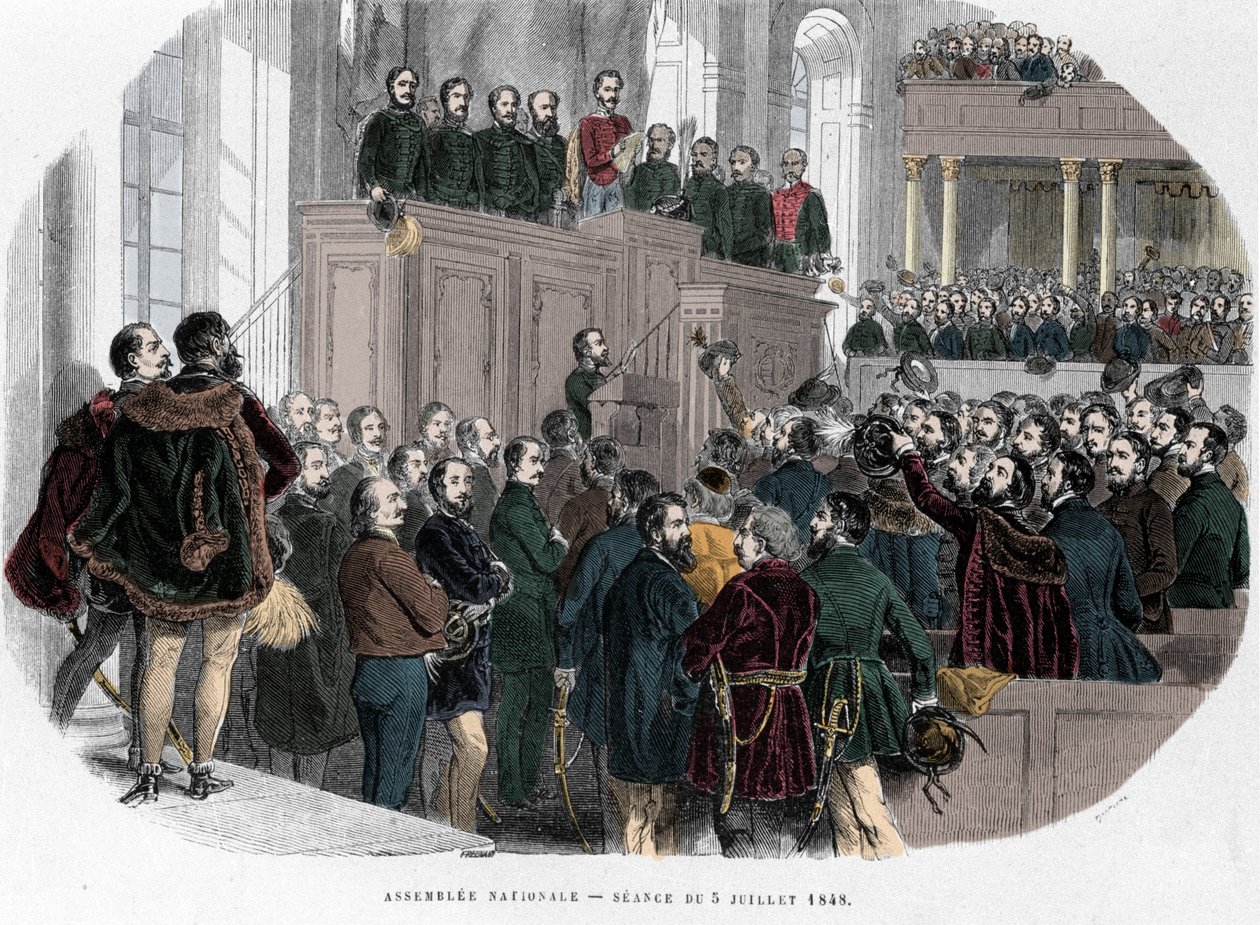 Revolução Húngara de 1848: Primeira reunião da Assembleia Nacional na Hungria, a 5 de Julho de 1848. Gravura em "Hungary Historique by J. Boldenyi Paris 1853". de Unknown artist