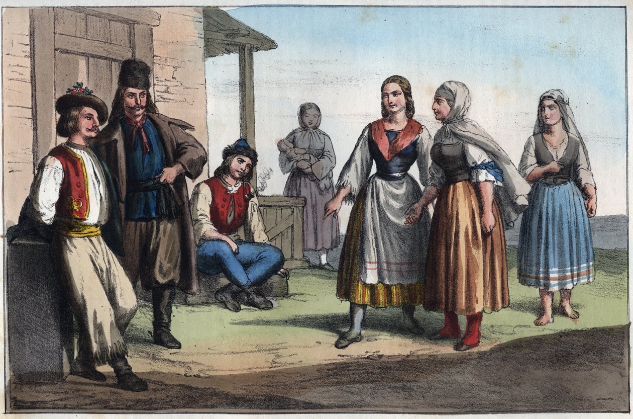 Camponês húngaro do século XIX - gravura de "Usos e costumes de todos os povos do Universo". Ou História do governo, leis, milícias, religião de todas as nações desde os tempos mais remotos até aos dias de hoje" 1856 de Unknown artist
