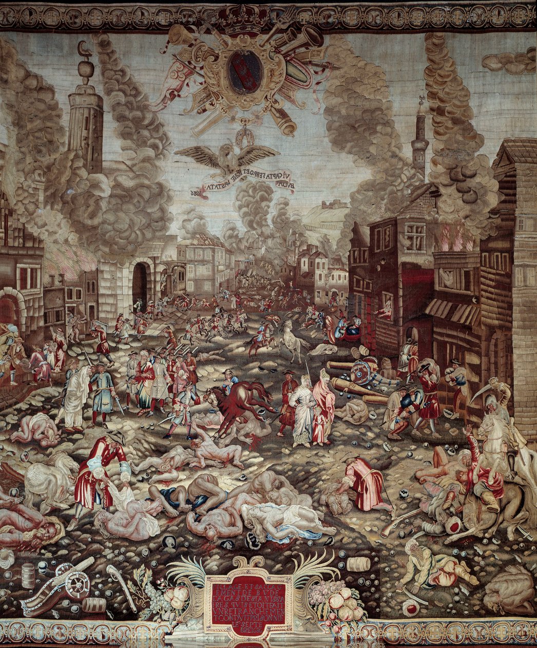 A conquete da Hungria: "Os austríacos levam Buda dos turcos otomanos a 02/09/1686" Buda faz parte da actual Budapeste. Os senhores da guerra são Carlos V de Lorena e Miksa Emanuel II. Cenas de violência, fogos domésticos. Detalhe de uma tapeçaria. 17º ce de Unknown artist