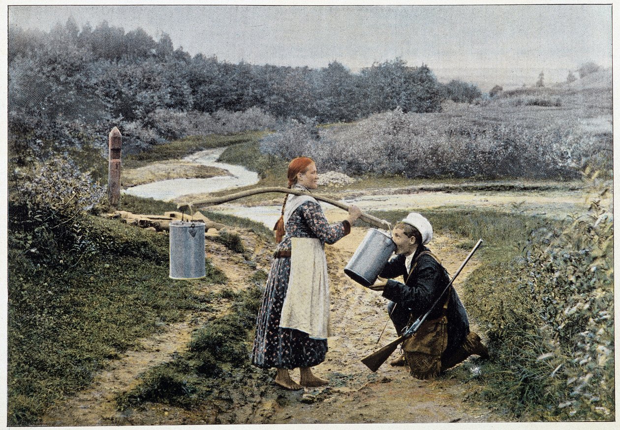 Hunter and girl at the fountain (Rússia) - fotografia, final do século XIX de Unknown artist
