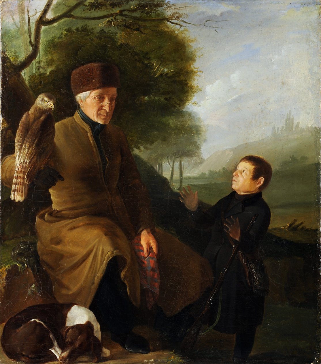 Caçador com falcão. Retrato do Príncipe Platão Alexandrovich Zubov (1767-1822) e Ivan Andreevich Yakubovsky (1770-1864), Anónimo. Óleo sobre tela, fim dos anos 1810, Museu Estadual de Arquitetura, História e Arte, Vladimir de Unknown artist